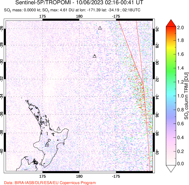 A sulfur dioxide image over New Zealand on Oct 06, 2023.