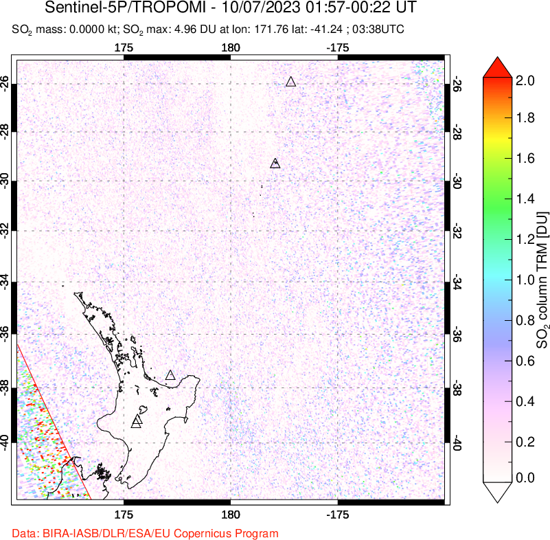 A sulfur dioxide image over New Zealand on Oct 07, 2023.