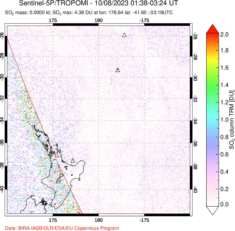 A sulfur dioxide image over New Zealand on Oct 08, 2023.