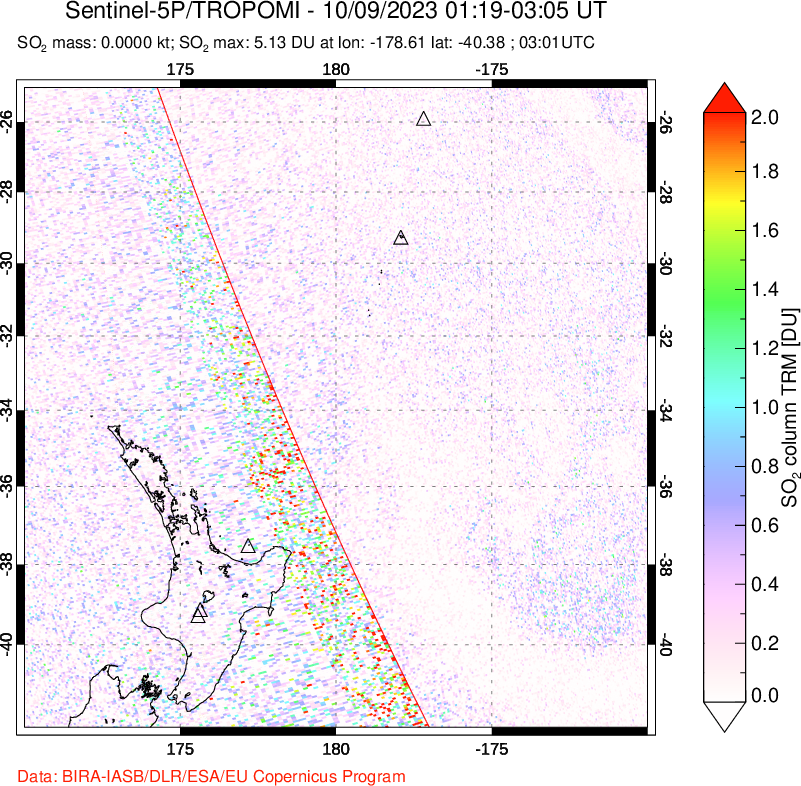 A sulfur dioxide image over New Zealand on Oct 09, 2023.