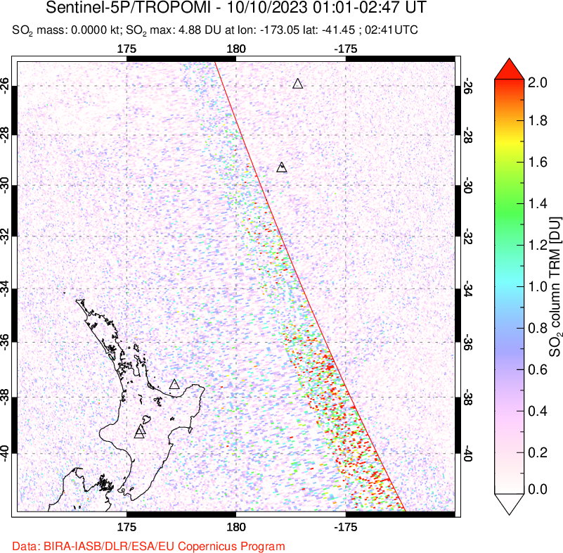 A sulfur dioxide image over New Zealand on Oct 10, 2023.