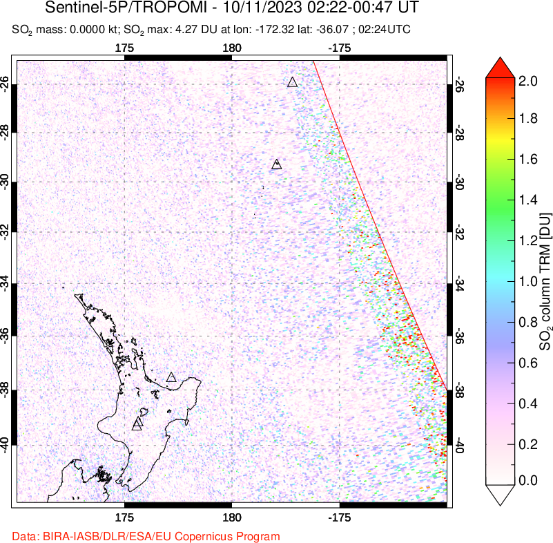 A sulfur dioxide image over New Zealand on Oct 11, 2023.