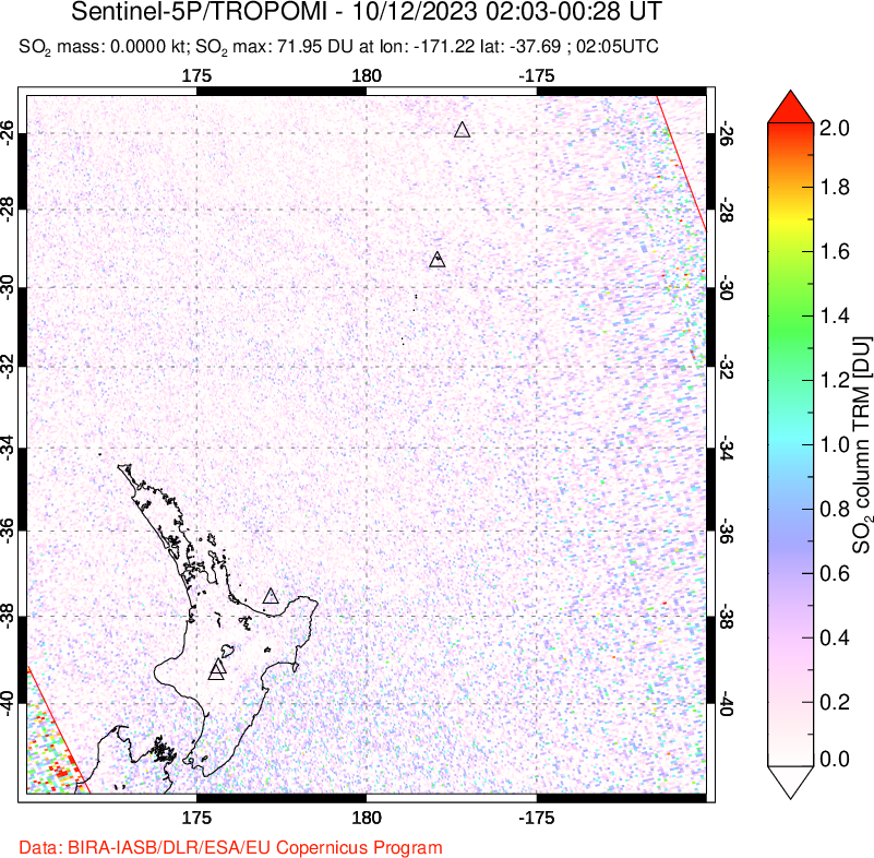 A sulfur dioxide image over New Zealand on Oct 12, 2023.