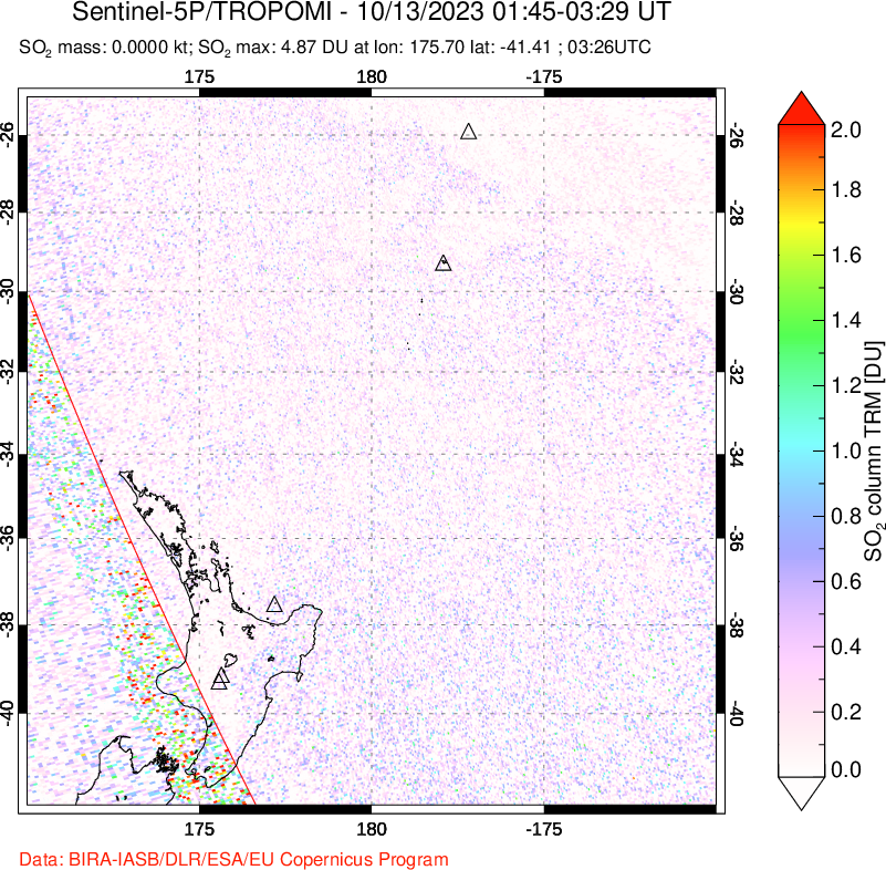 A sulfur dioxide image over New Zealand on Oct 13, 2023.