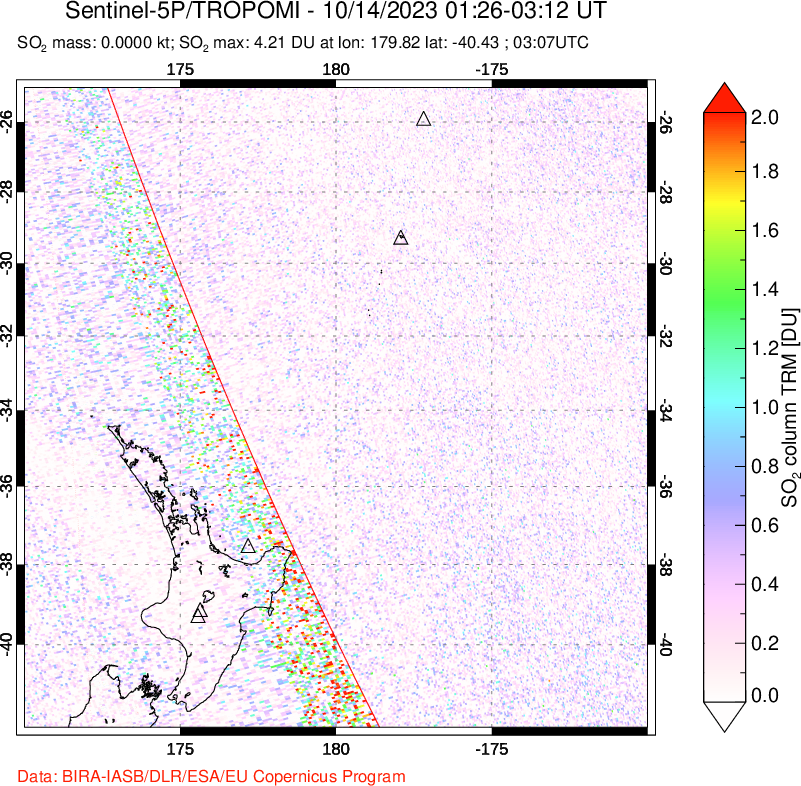 A sulfur dioxide image over New Zealand on Oct 14, 2023.