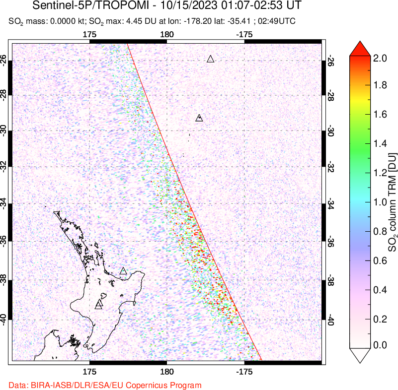 A sulfur dioxide image over New Zealand on Oct 15, 2023.