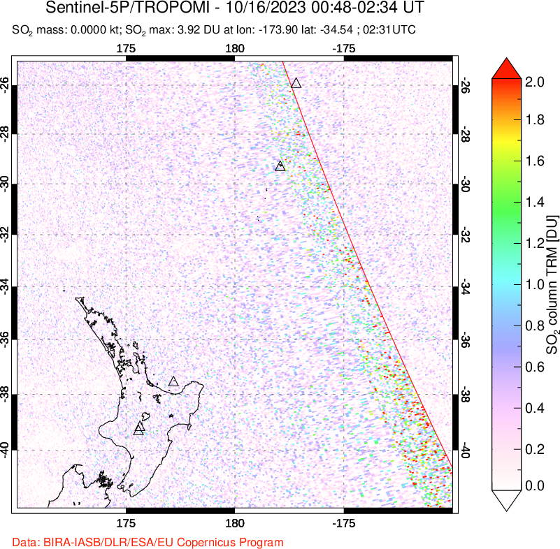 A sulfur dioxide image over New Zealand on Oct 16, 2023.