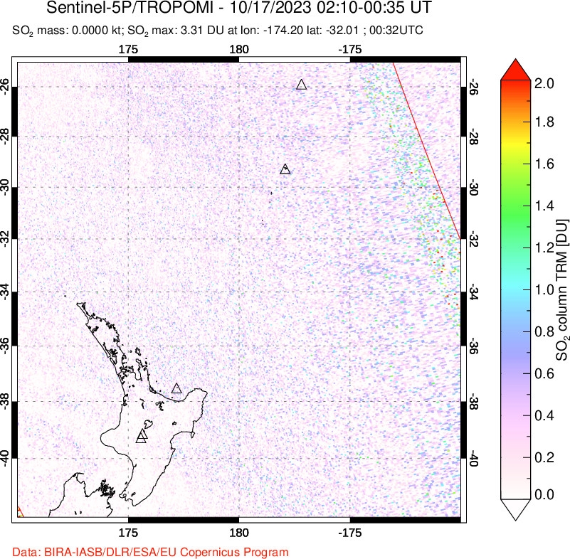 A sulfur dioxide image over New Zealand on Oct 17, 2023.