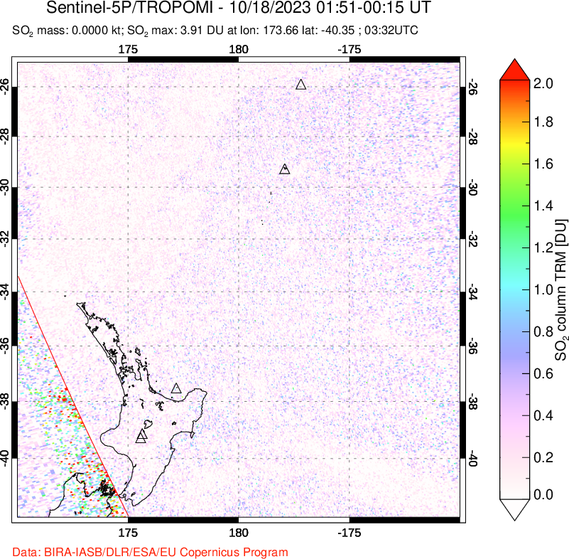 A sulfur dioxide image over New Zealand on Oct 18, 2023.