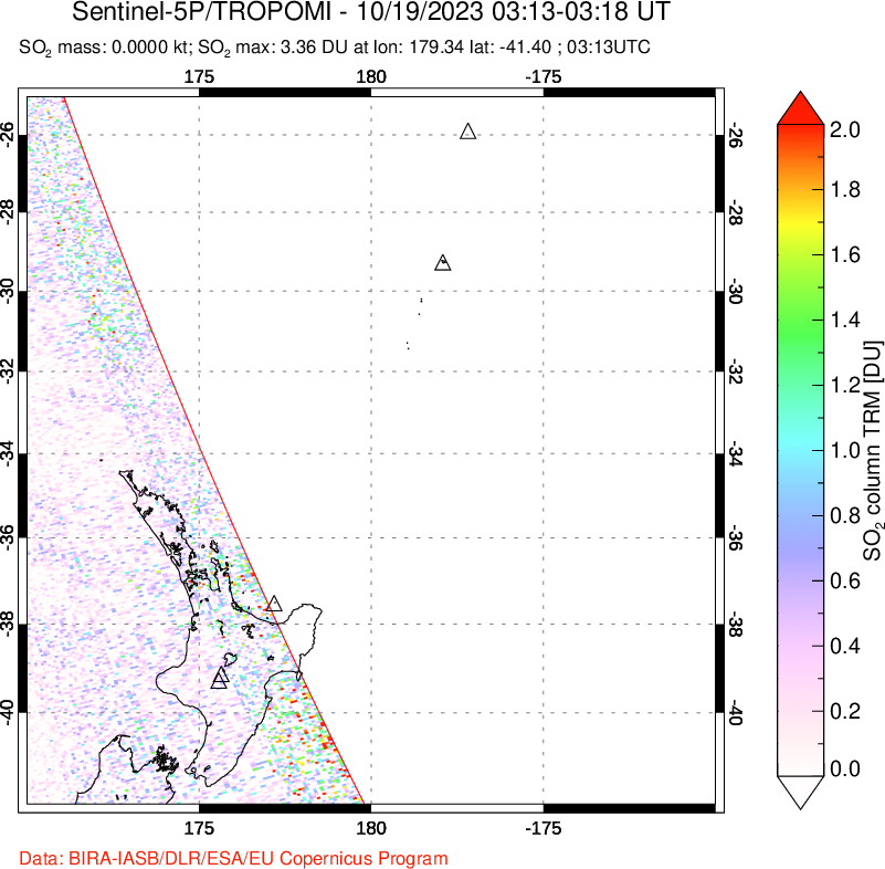 A sulfur dioxide image over New Zealand on Oct 19, 2023.