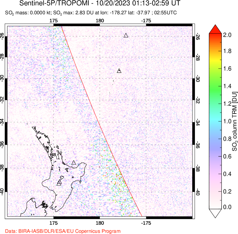 A sulfur dioxide image over New Zealand on Oct 20, 2023.