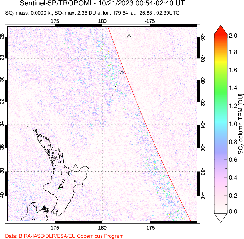 A sulfur dioxide image over New Zealand on Oct 21, 2023.