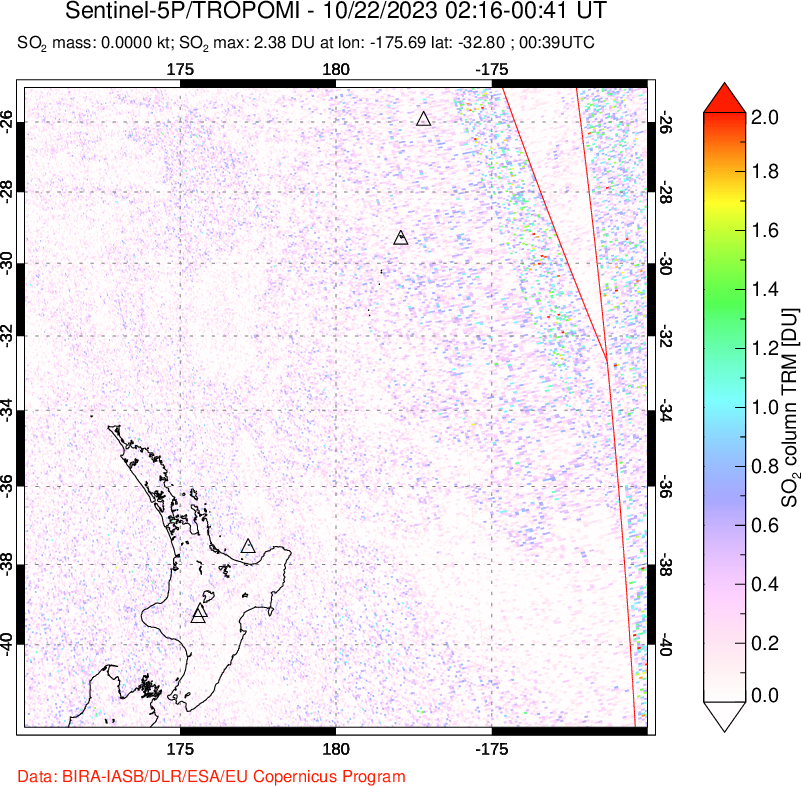 A sulfur dioxide image over New Zealand on Oct 22, 2023.