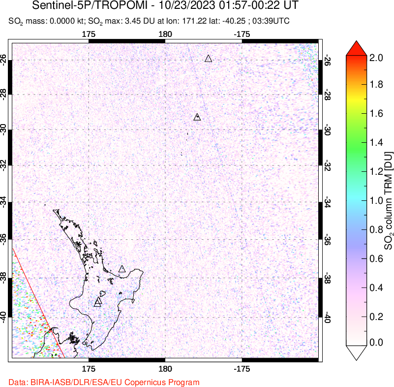 A sulfur dioxide image over New Zealand on Oct 23, 2023.