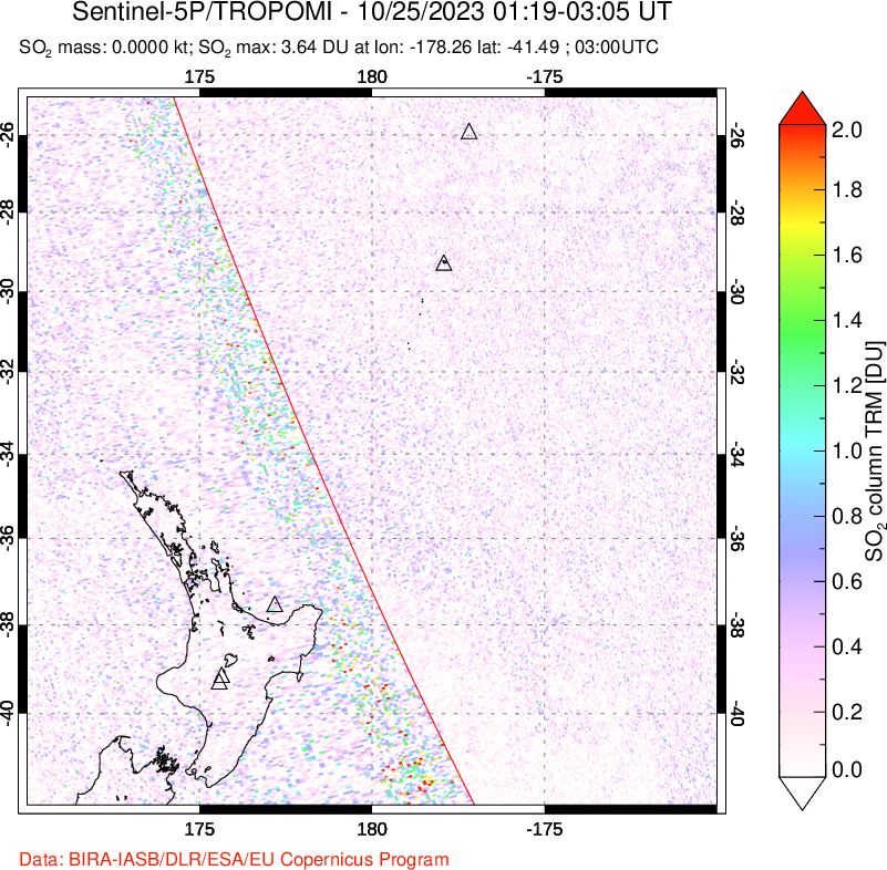 A sulfur dioxide image over New Zealand on Oct 25, 2023.