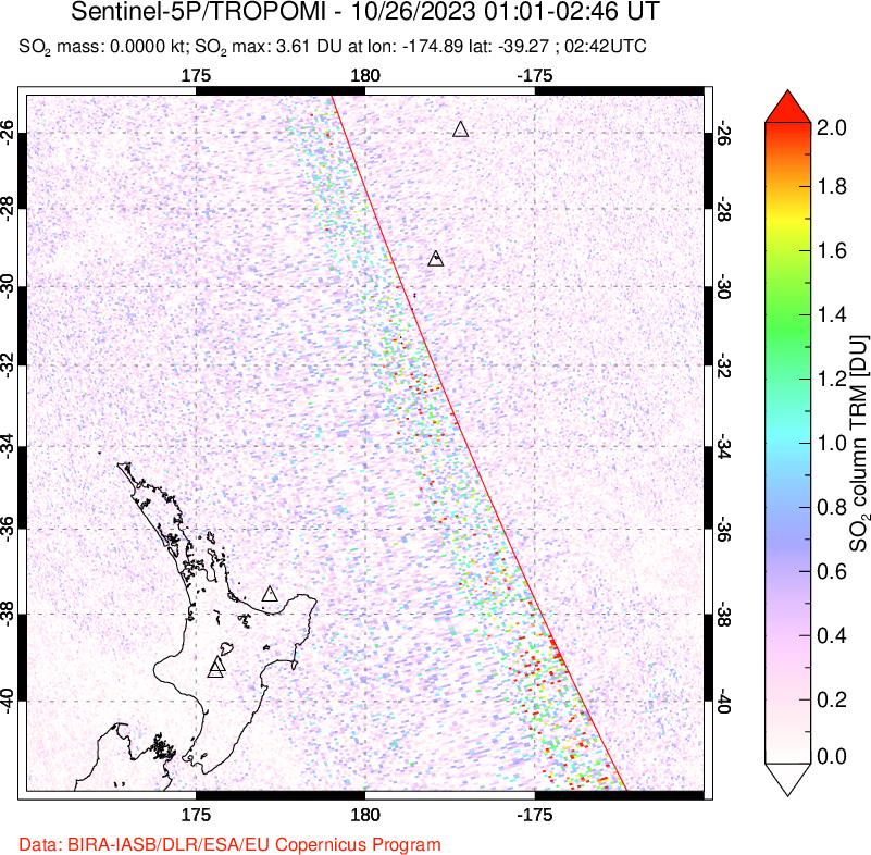 A sulfur dioxide image over New Zealand on Oct 26, 2023.