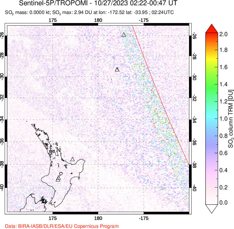 A sulfur dioxide image over New Zealand on Oct 27, 2023.