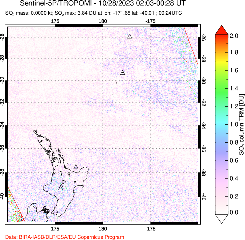 A sulfur dioxide image over New Zealand on Oct 28, 2023.