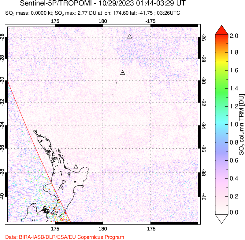 A sulfur dioxide image over New Zealand on Oct 29, 2023.