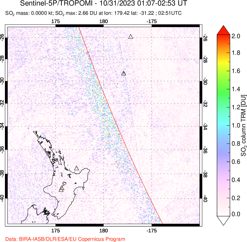 A sulfur dioxide image over New Zealand on Oct 31, 2023.