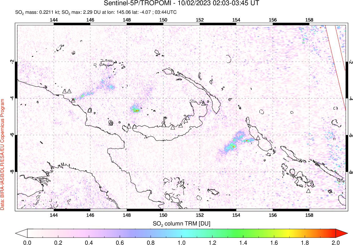 A sulfur dioxide image over Papua, New Guinea on Oct 02, 2023.