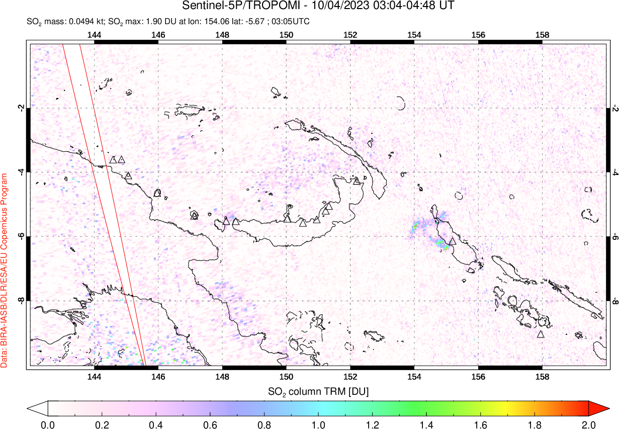 A sulfur dioxide image over Papua, New Guinea on Oct 04, 2023.