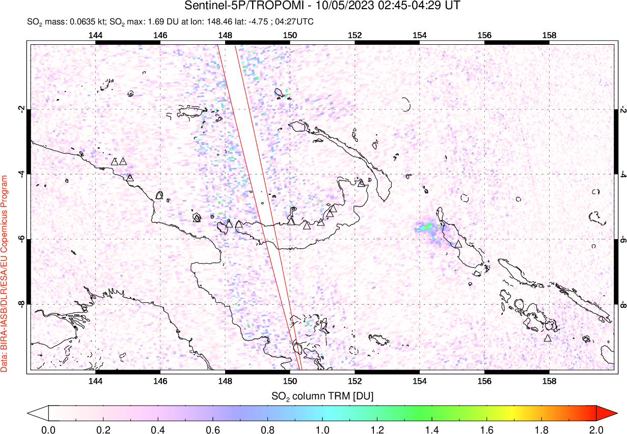 A sulfur dioxide image over Papua, New Guinea on Oct 05, 2023.