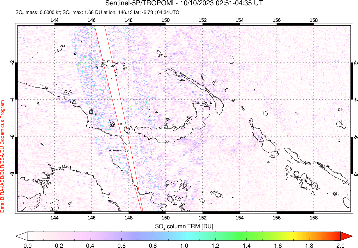 A sulfur dioxide image over Papua, New Guinea on Oct 10, 2023.