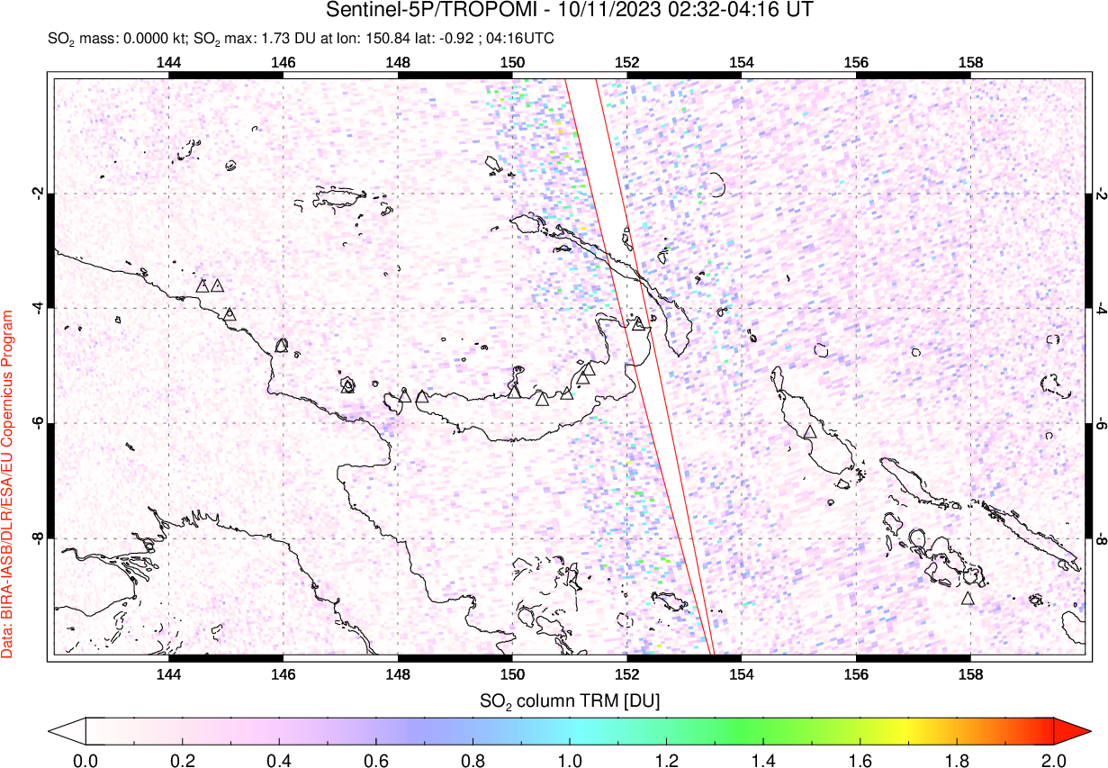 A sulfur dioxide image over Papua, New Guinea on Oct 11, 2023.