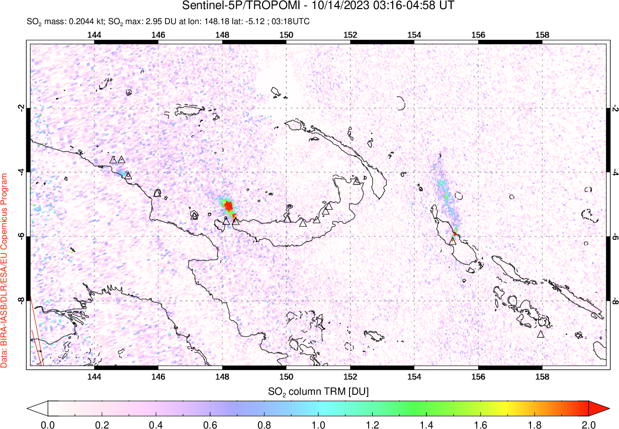 A sulfur dioxide image over Papua, New Guinea on Oct 14, 2023.