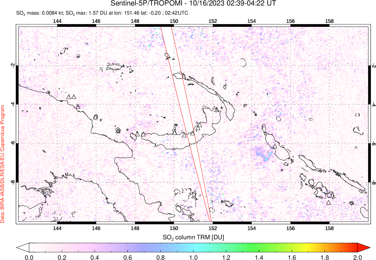 A sulfur dioxide image over Papua, New Guinea on Oct 16, 2023.