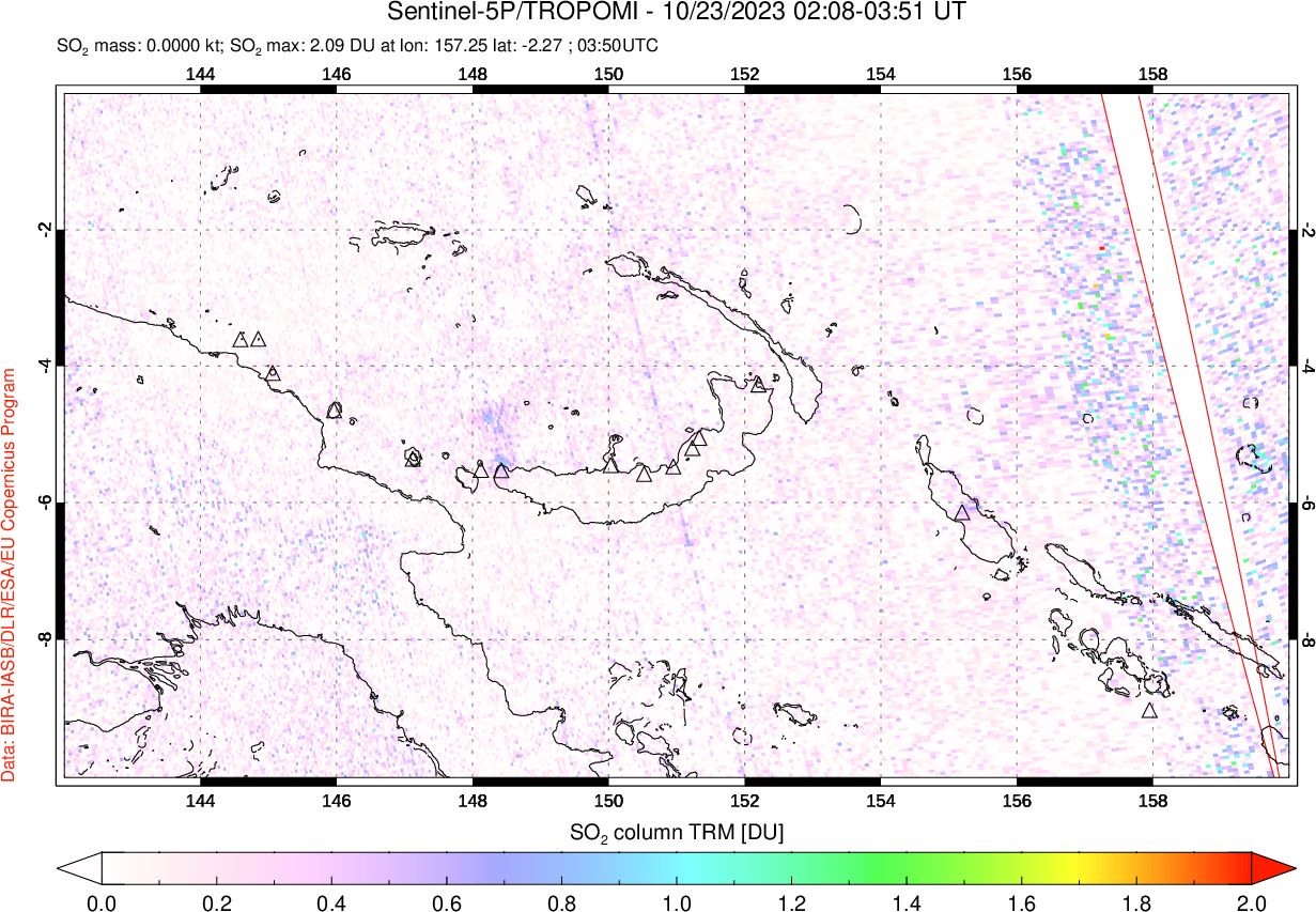 A sulfur dioxide image over Papua, New Guinea on Oct 23, 2023.