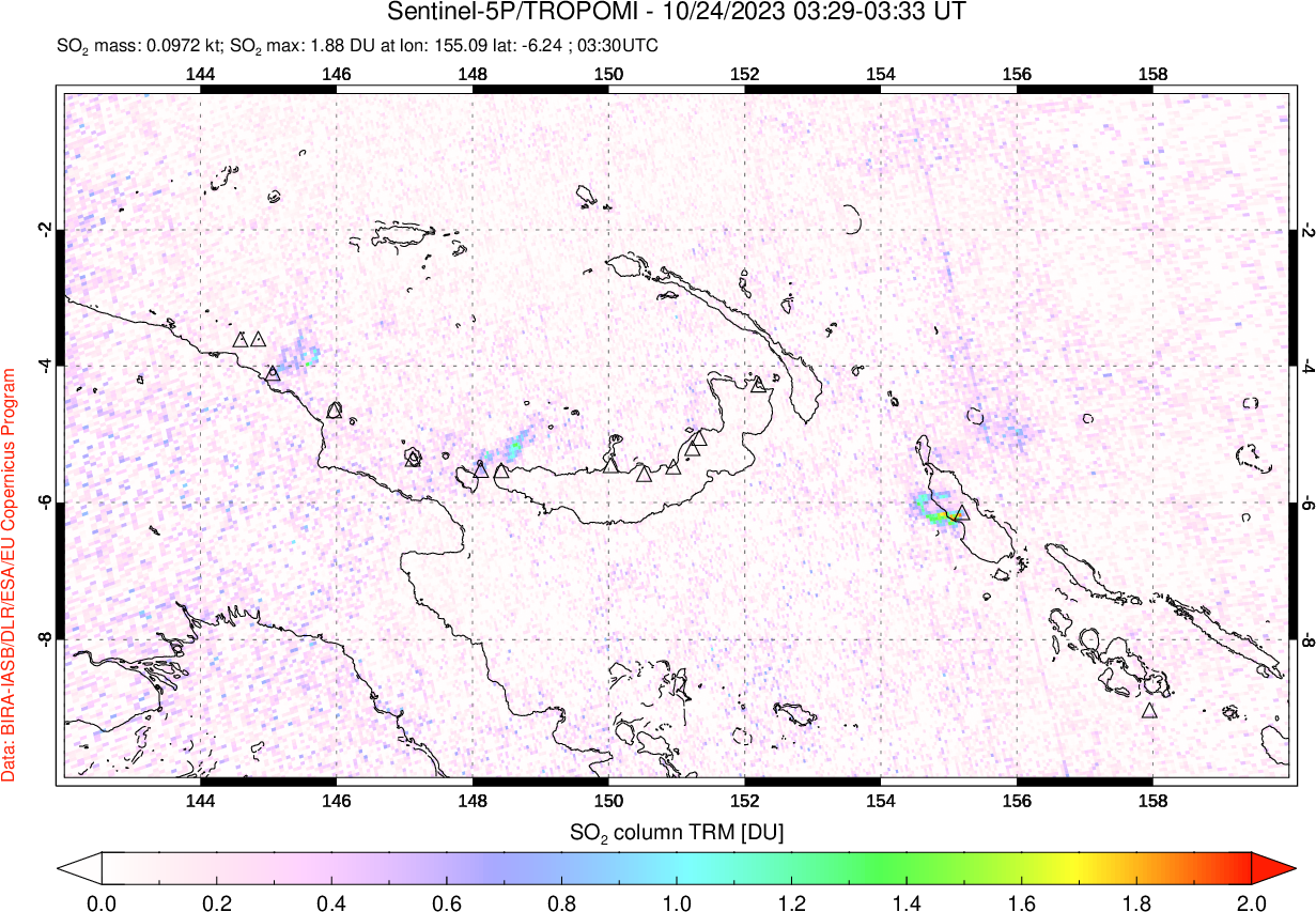 A sulfur dioxide image over Papua, New Guinea on Oct 24, 2023.