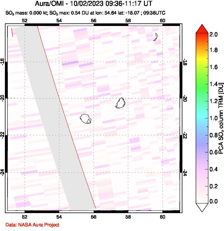 A sulfur dioxide image over Reunion Island, Indian Ocean on Oct 02, 2023.