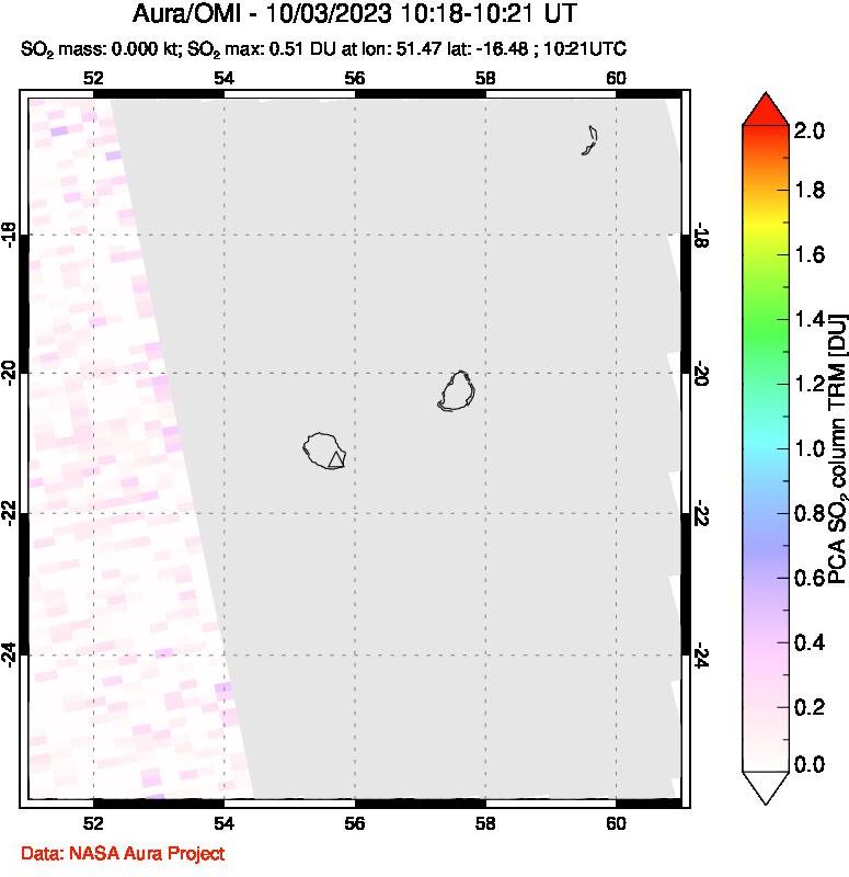 A sulfur dioxide image over Reunion Island, Indian Ocean on Oct 03, 2023.