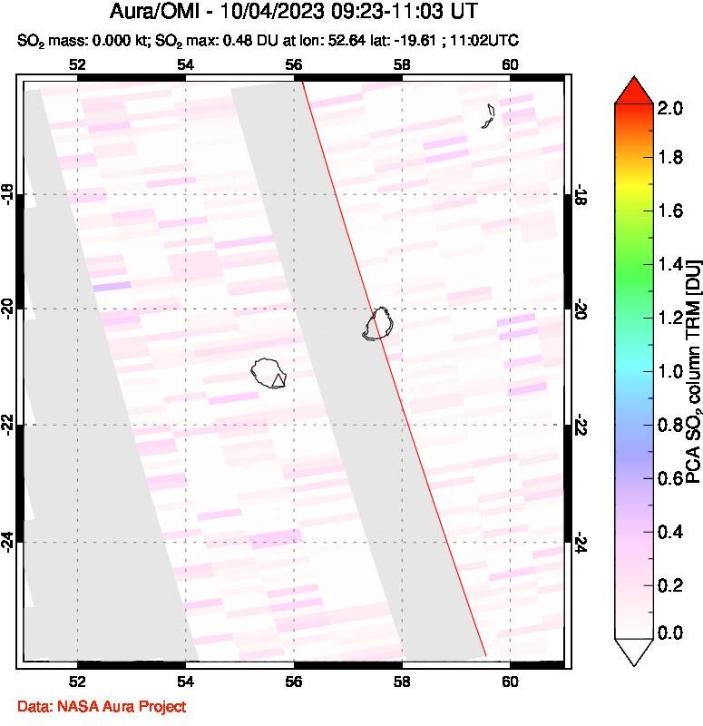 A sulfur dioxide image over Reunion Island, Indian Ocean on Oct 04, 2023.