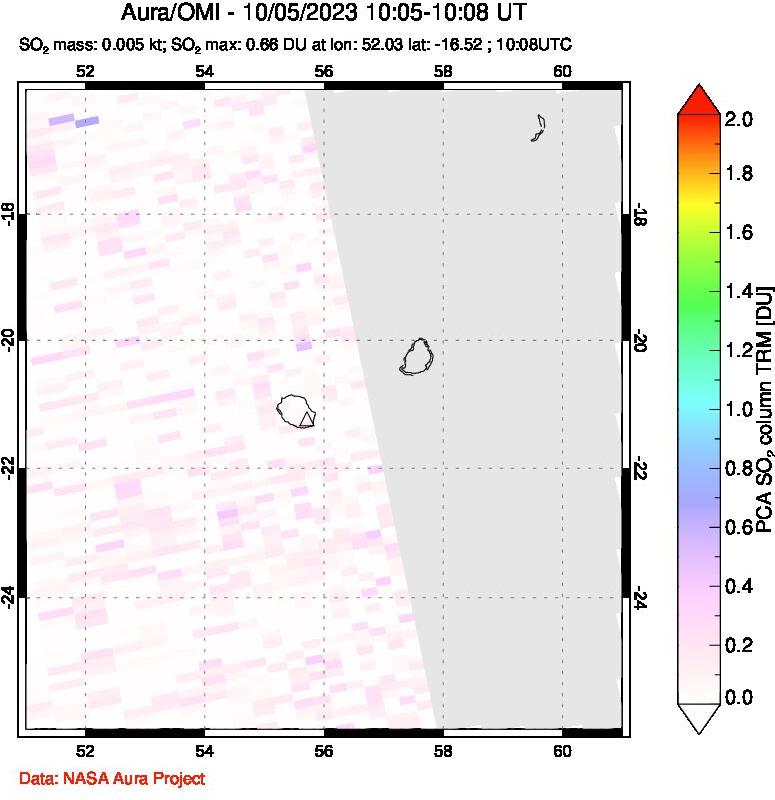 A sulfur dioxide image over Reunion Island, Indian Ocean on Oct 05, 2023.