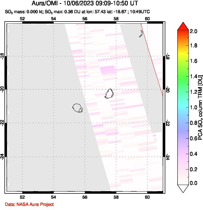 A sulfur dioxide image over Reunion Island, Indian Ocean on Oct 06, 2023.