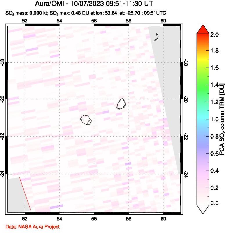 A sulfur dioxide image over Reunion Island, Indian Ocean on Oct 07, 2023.