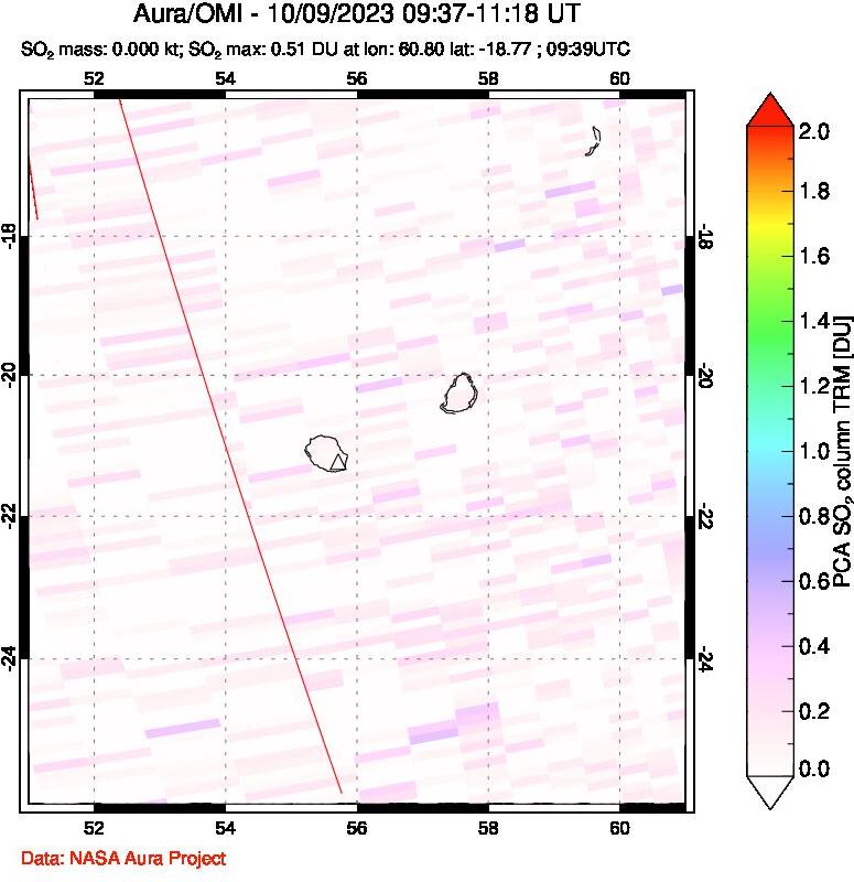 A sulfur dioxide image over Reunion Island, Indian Ocean on Oct 09, 2023.