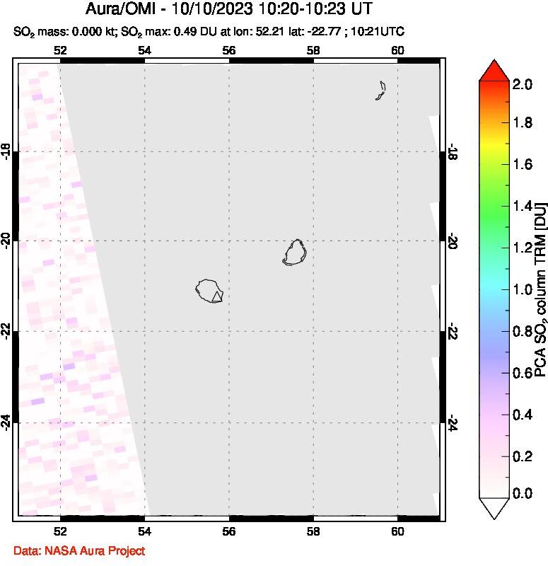 A sulfur dioxide image over Reunion Island, Indian Ocean on Oct 10, 2023.