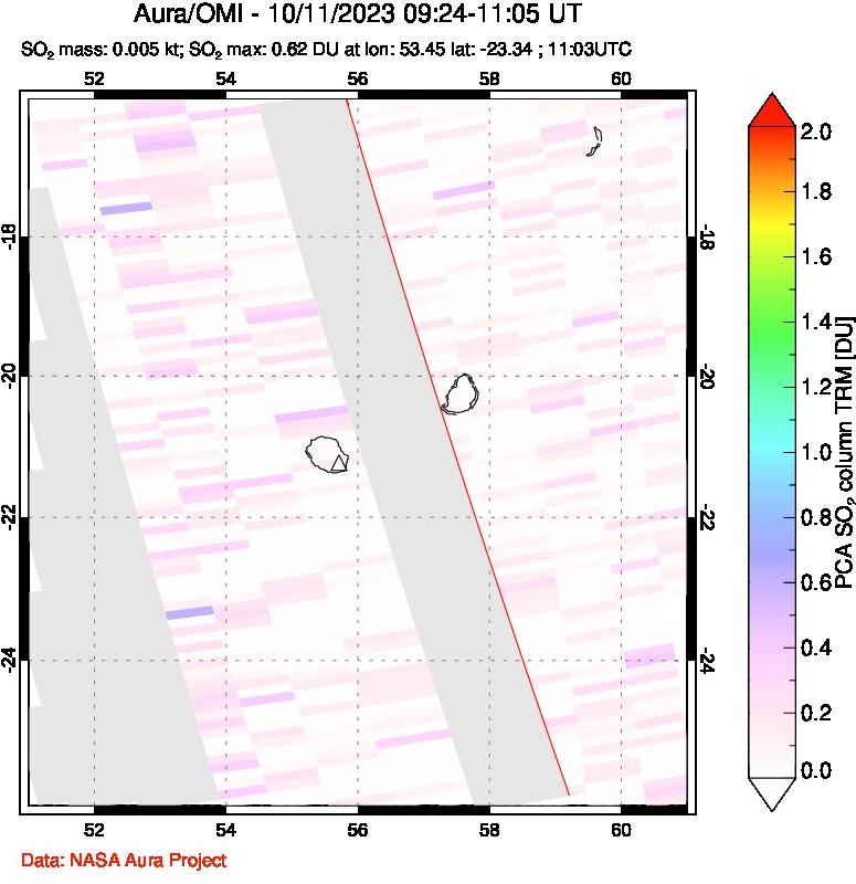 A sulfur dioxide image over Reunion Island, Indian Ocean on Oct 11, 2023.