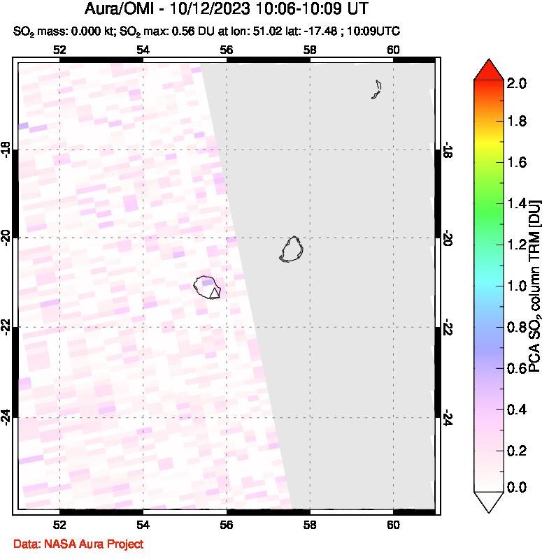 A sulfur dioxide image over Reunion Island, Indian Ocean on Oct 12, 2023.