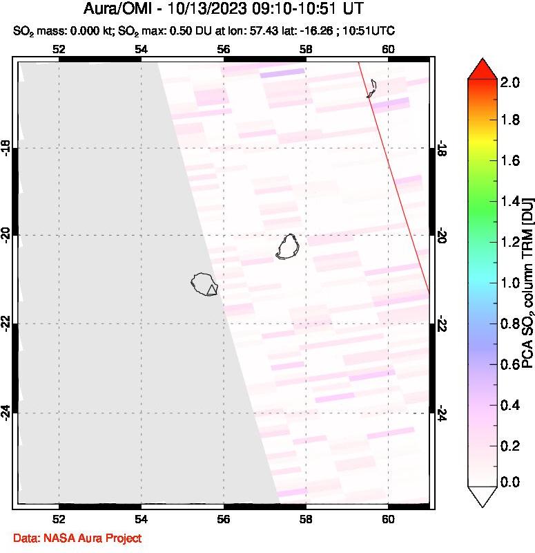 A sulfur dioxide image over Reunion Island, Indian Ocean on Oct 13, 2023.