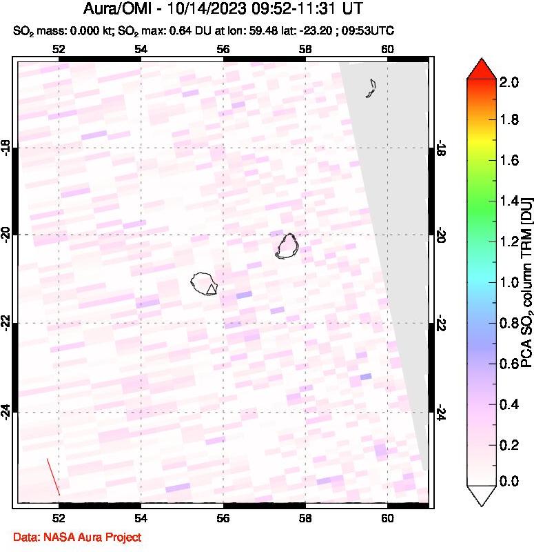 A sulfur dioxide image over Reunion Island, Indian Ocean on Oct 14, 2023.