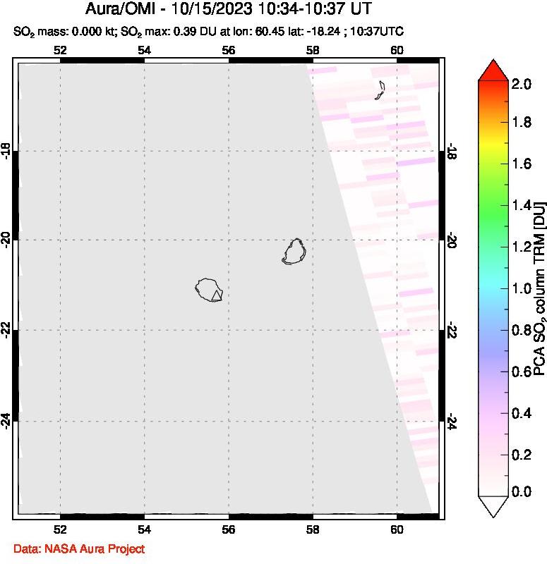 A sulfur dioxide image over Reunion Island, Indian Ocean on Oct 15, 2023.