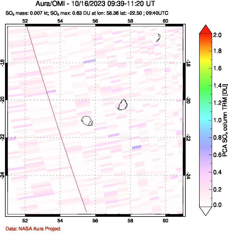 A sulfur dioxide image over Reunion Island, Indian Ocean on Oct 16, 2023.