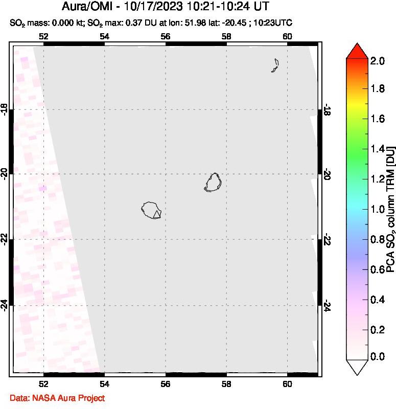 A sulfur dioxide image over Reunion Island, Indian Ocean on Oct 17, 2023.