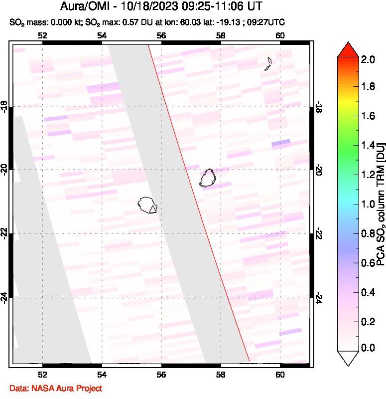 A sulfur dioxide image over Reunion Island, Indian Ocean on Oct 18, 2023.