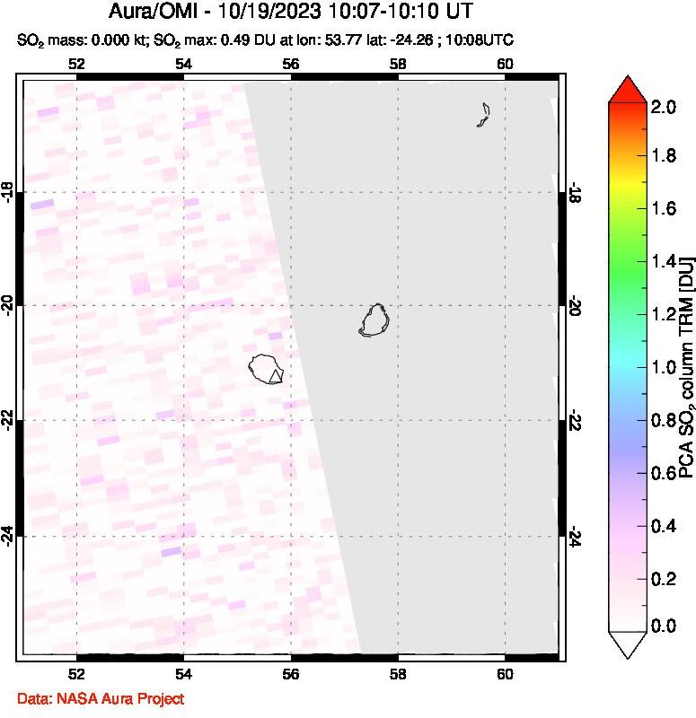 A sulfur dioxide image over Reunion Island, Indian Ocean on Oct 19, 2023.